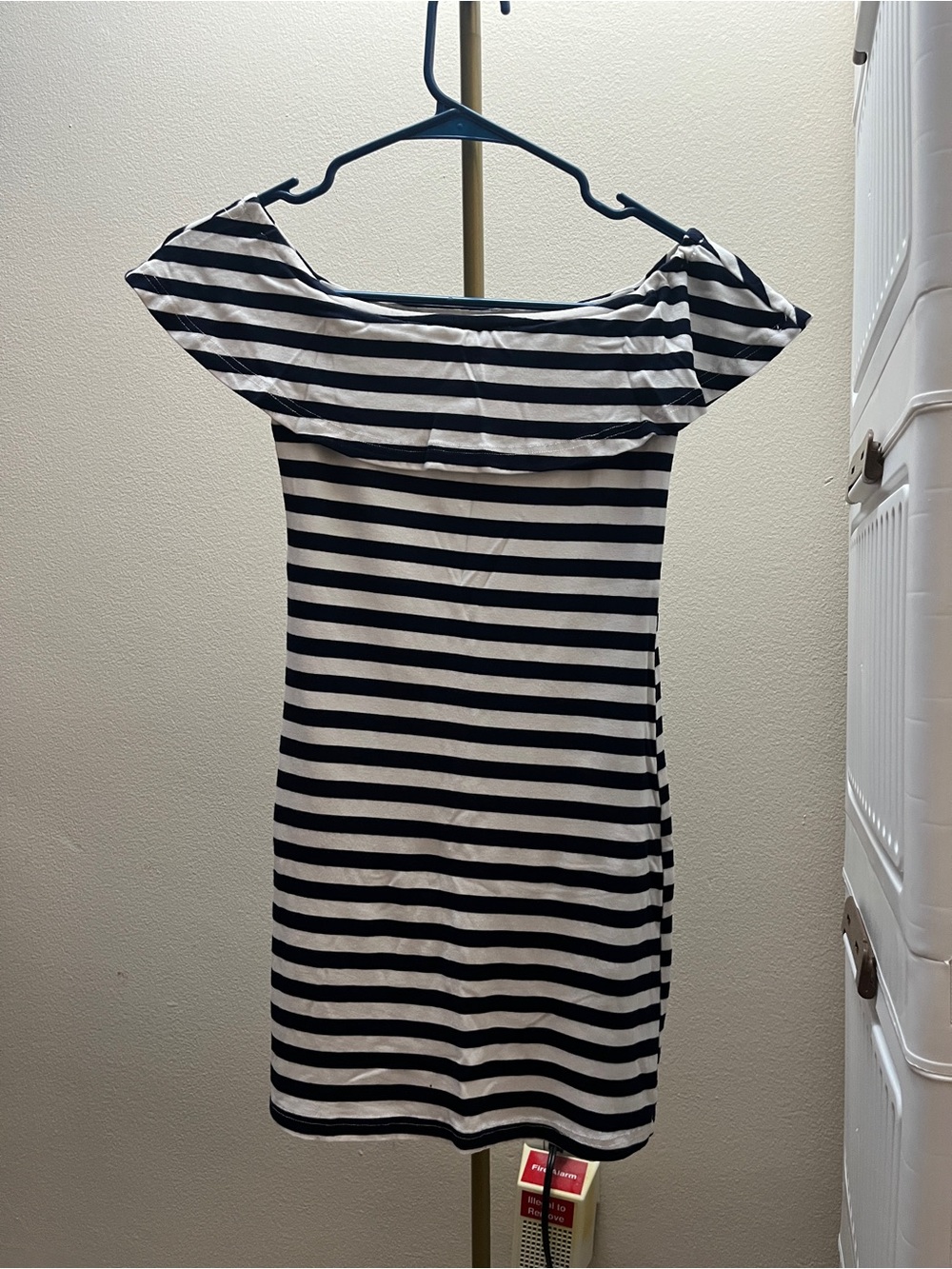 Striped Off-Shoulder Dark Blue & White Dress